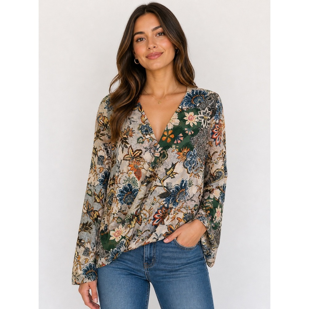 Rachel Roy Multi Floral Faux Wrap Blouse Boho Earthy Flowy Draped Top Size 6 NWT